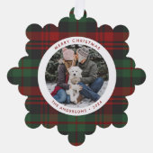 赤と緑の格子模様の独身の写真の休日 オーナメントカード (正面)