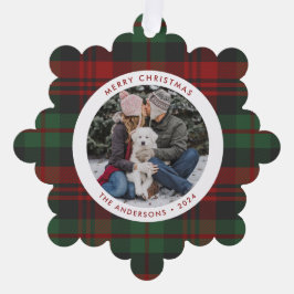 赤と緑の格子模様の独身の写真の休日 オーナメントカード