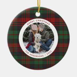 赤と緑の格子模様の独身の写真の休日 セラミックオーナメント