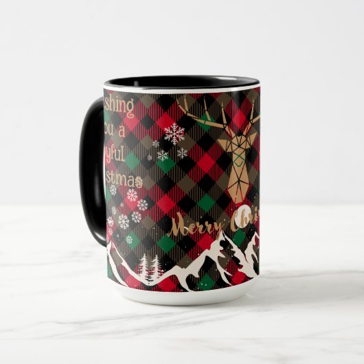 赤と緑の格子状のトナカイ素朴のクリスマスマグカップ マグカップ (正面左)