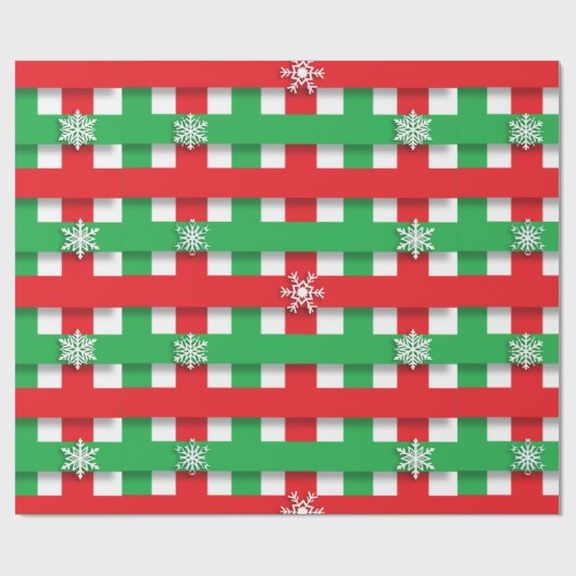 赤と緑の格子状の雪の市松模様にクリスマス ラッピングペーパー (フラット)