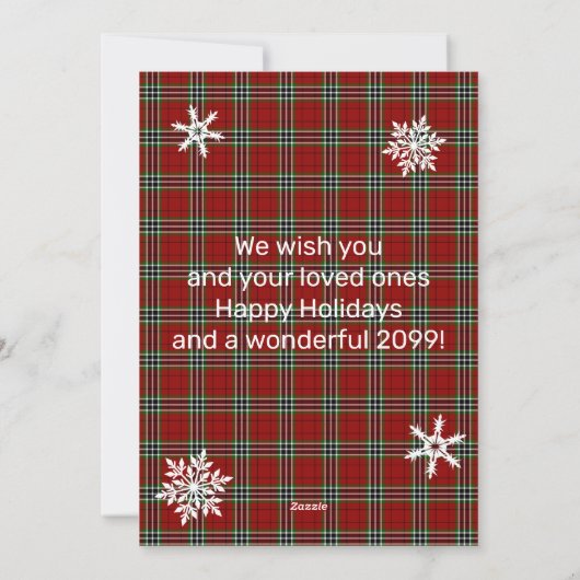 赤と緑の格子縞の写真 白い雪の結晶 偽の金 シーズンカード (裏面)