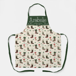 赤と緑の格子縞の冬のブーツ エプロン