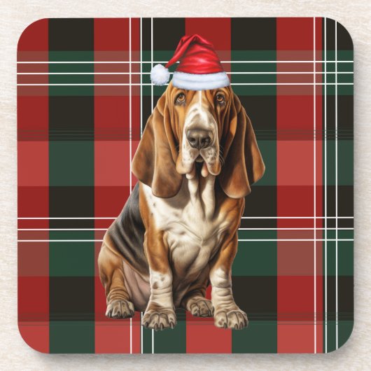 赤と緑の格子縞の犬のクリスマス コースター (正面)