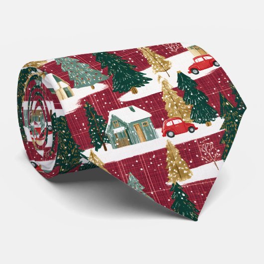 赤と緑の森のクリスマスビレッジ ネクタイ (ロール)