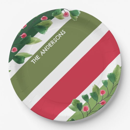 赤と緑の水のカラーベリーブランチパーソナライズされた ペーパープレート (正面)
