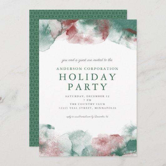 赤と緑の水の色のビジネスのクリスマスパーティー 招待状 (正面/裏面)