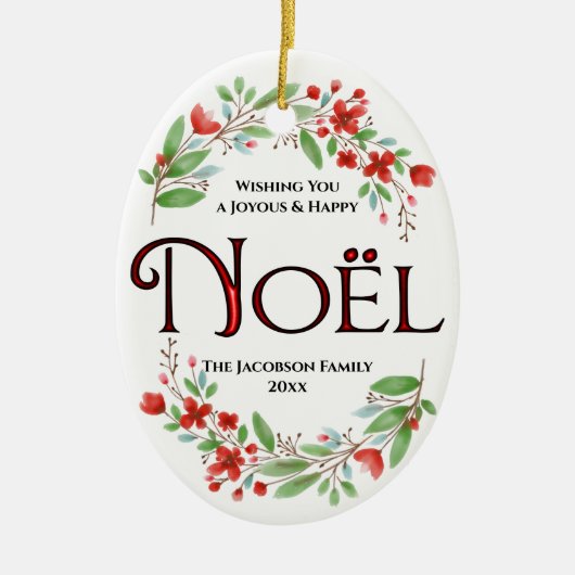 赤と緑の水の色のフローラノエル写真クリスマス セラミックオーナメント (正面)