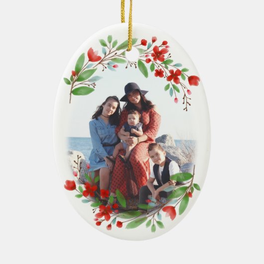 赤と緑の水の色のフローラノエル写真クリスマス セラミックオーナメント (裏面)