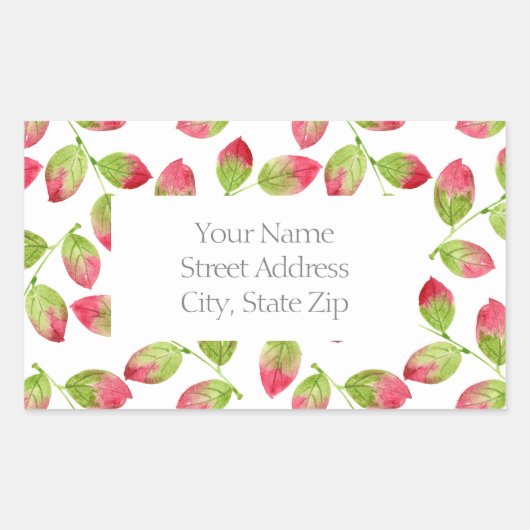 赤と緑の水の色の葉パターン2ラベル 長方形シール (正面)