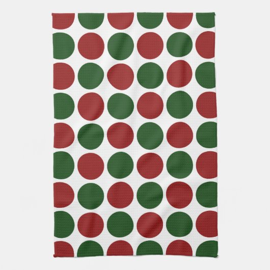 赤と緑の水玉模様オン白 キッチンタオル (縦)