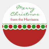 赤と緑の水玉模様クリスマスギフトタグ ラウンドシール (正面)