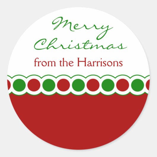 赤と緑の水玉模様クリスマスギフトタグ ラウンドシール (正面)