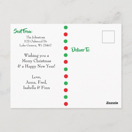 赤と緑の水玉模様クリスマスハッピーホリデー ポストカード (裏面)