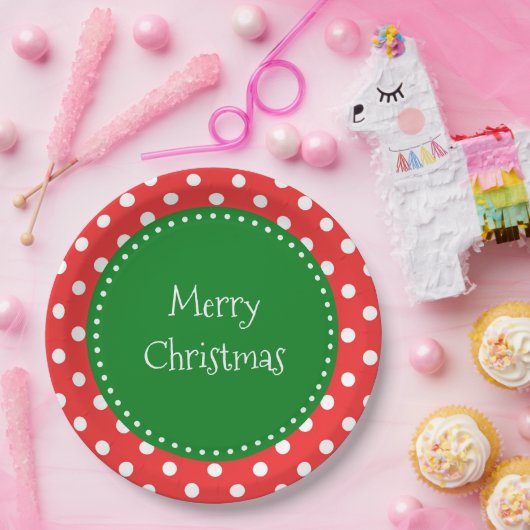 赤と緑の水玉模様フェスティバルクリスマス ペーパープレート (パーティー)