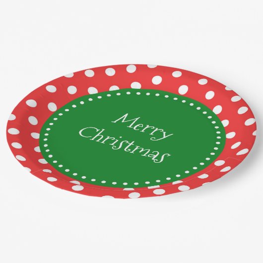 赤と緑の水玉模様フェスティバルクリスマス ペーパープレート (アングル)