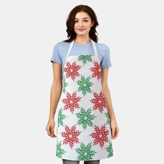 赤と緑の水色のスノーフレーク模様2 エプロン (着用した状態)