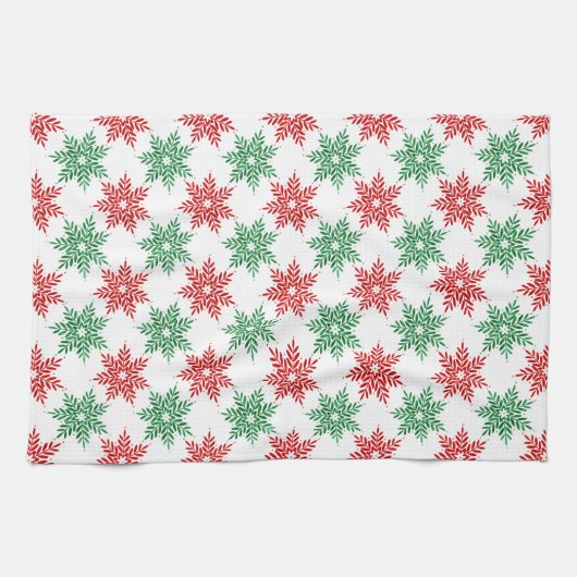 赤と緑の水色のスノーフレーク模様2 キッチンタオル (横)