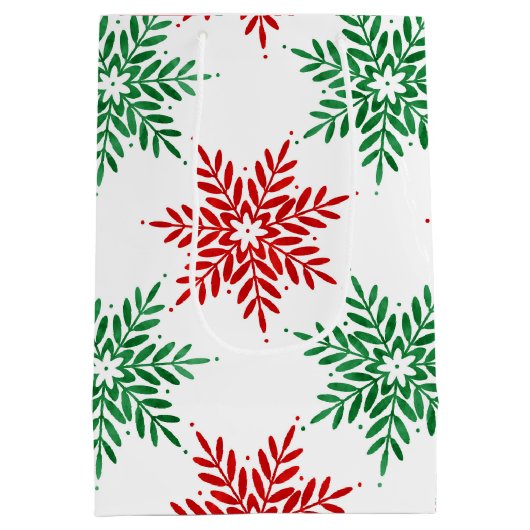 赤と緑の水色のスノーフレーク模様2 ミディアムペーパーバッグ (裏面)