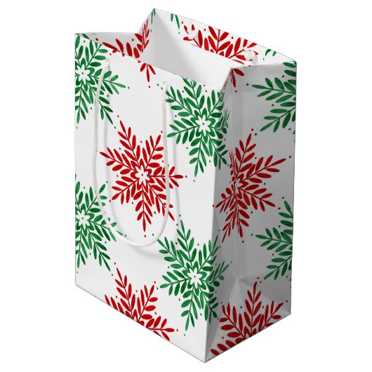 赤と緑の水色のスノーフレーク模様2 ミディアムペーパーバッグ (裏面アングル)