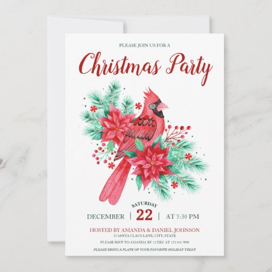 赤と緑の水色の鳥のフローラクリスマスパーティー 招待状 (正面)