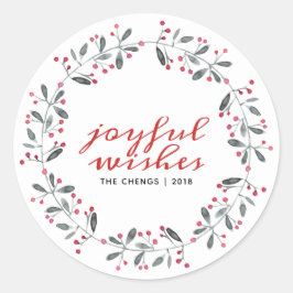 赤と緑の水色クリスマスホリーモノグラム ラウンドシール