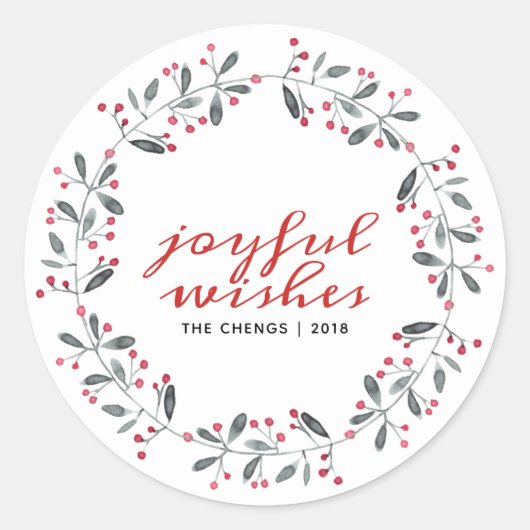 赤と緑の水色クリスマスホリーモノグラム ラウンドシール (正面)