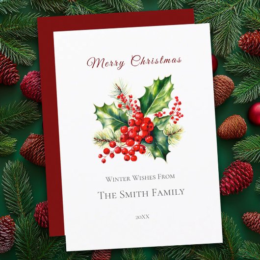 赤と緑の水色ホリークリスマスカード シーズンカード