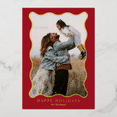 赤と緑の波状フレームホリデーフォトカード 箔シーズンカード (正面)