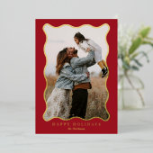 赤と緑の波状フレームホリデーフォトカード 箔シーズンカード (立ち正面)