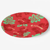 赤と緑の熱帯性ハイビスカスの花の模様 ペーパープレート (アングル)