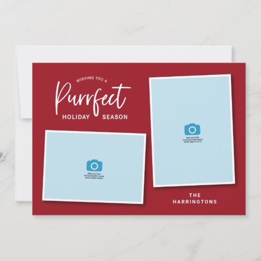 赤と緑の猫の顔目的ホリデーフォトカード シーズンカード (正面)