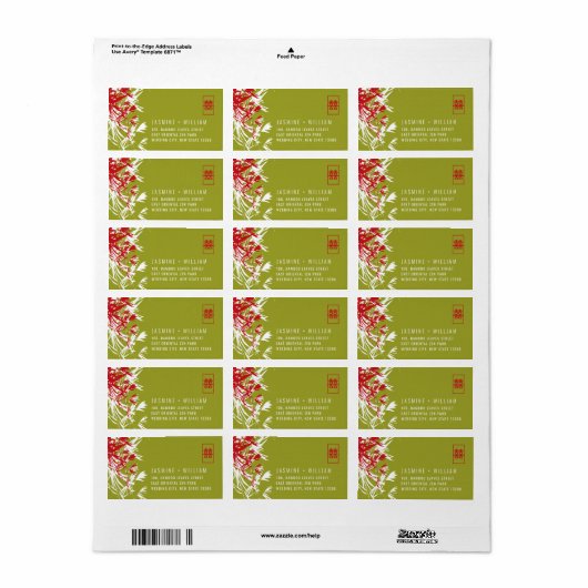 赤と緑の竹葉の中国の結婚住所 ラベル (フルシート)