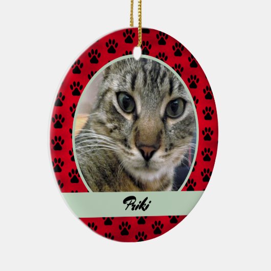 赤と緑の肉柄の猫の写真と名前 セラミックオーナメント (右)