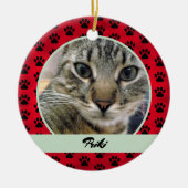 赤と緑の肉柄の猫の写真と名前 セラミックオーナメント (正面)