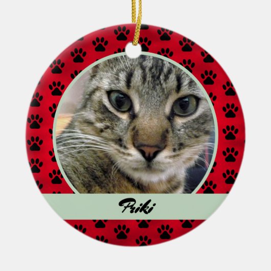 赤と緑の肉柄の猫の写真と名前 セラミックオーナメント (正面)