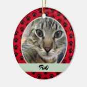 赤と緑の肉柄の猫の写真と名前 セラミックオーナメント (左)