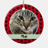 赤と緑の肉柄の猫の写真と名前 セラミックオーナメント (裏面)