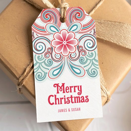 赤と緑の花が咲くメリークリスマスラベル ギフトタグ