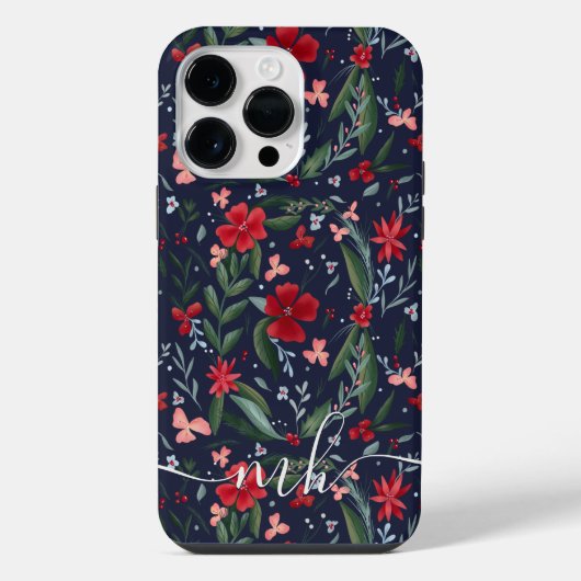 赤と緑の花のリースの模様の冬のモノグラム iPhoneケース (裏面)