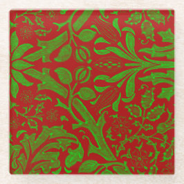 赤と緑の花柄 ガラスコースター