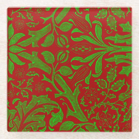 赤と緑の花柄 ガラスコースター (正面)
