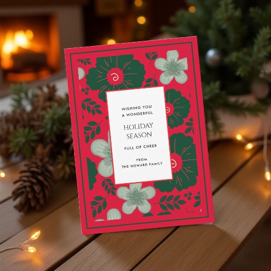 赤と緑の花柄 ヴィンテージ水彩 ホリデーカード