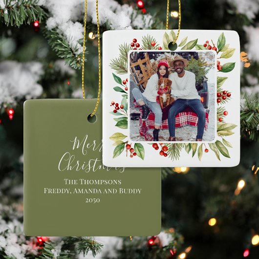 赤と緑の葉の写真クリスマス セラミックオーナメント