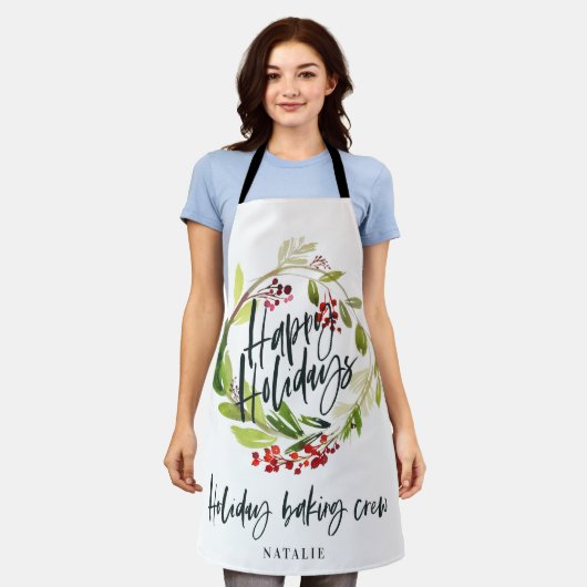 赤と緑の葉リースクリスマス エプロン (着用した状態)