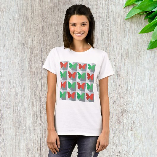 赤と緑の蝶柄 Tシャツ