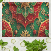 赤と緑の装飾的なホリデーキッチンタオル キッチンタオル (折り畳み)