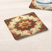 赤と緑の装飾的なホリデーシーズン紙コースター スクエアペーパーコースター (アングル)