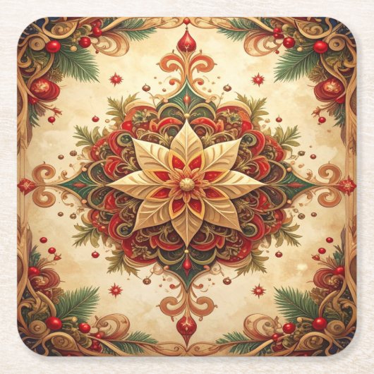 赤と緑の装飾的なホリデーシーズン紙コースター スクエアペーパーコースター (正面)