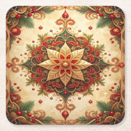 赤と緑の装飾的なホリデーペーパコースター スクエアペーパーコースター